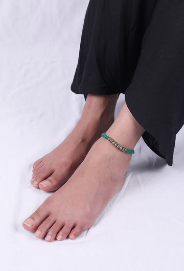 Set Of 2: Aanshi Teal Green Thread & Antique Plated Brass Beaded Anklets
